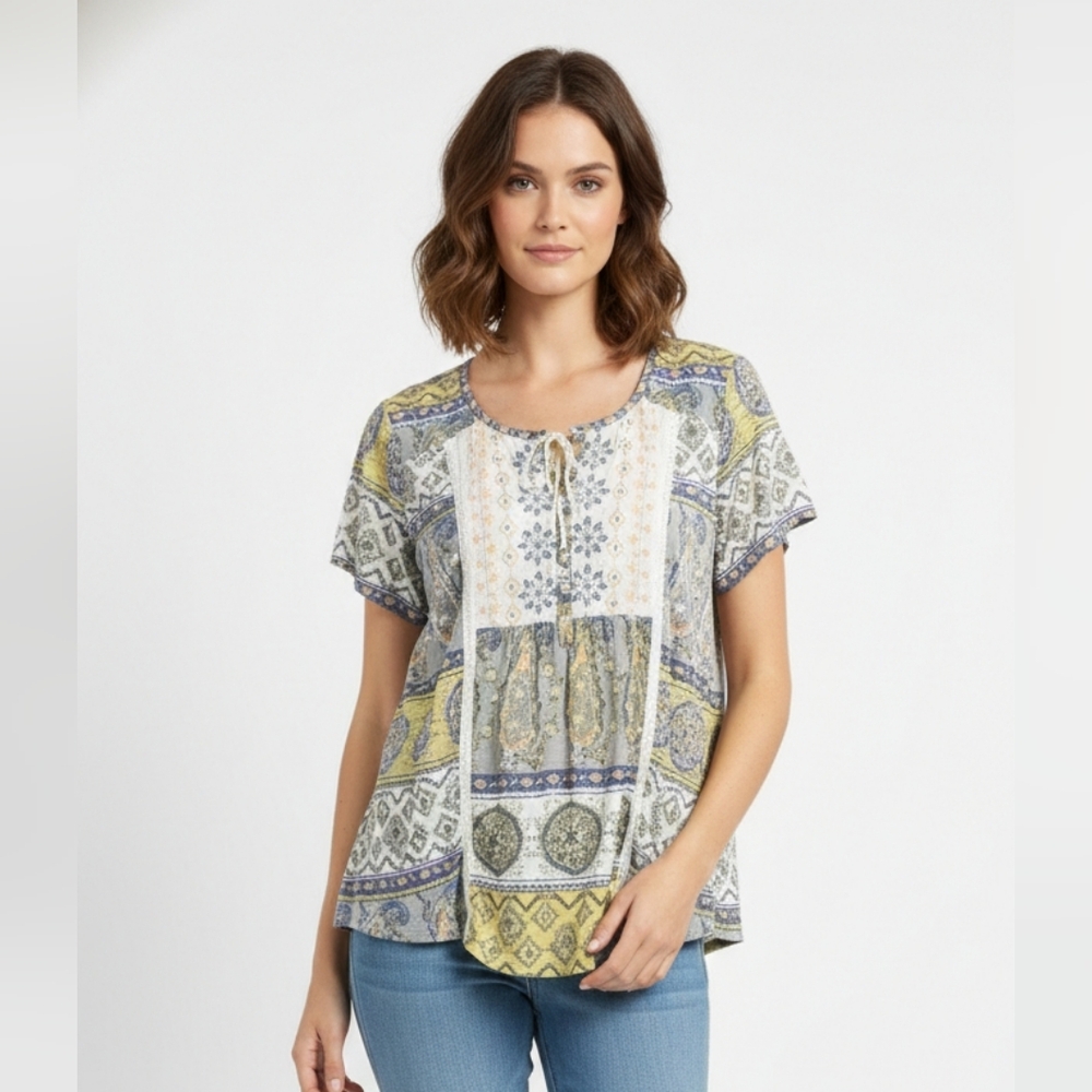 Yellow Gray Embroidered Blouse Patchwork Paisley Boho Festival Hippie 0X